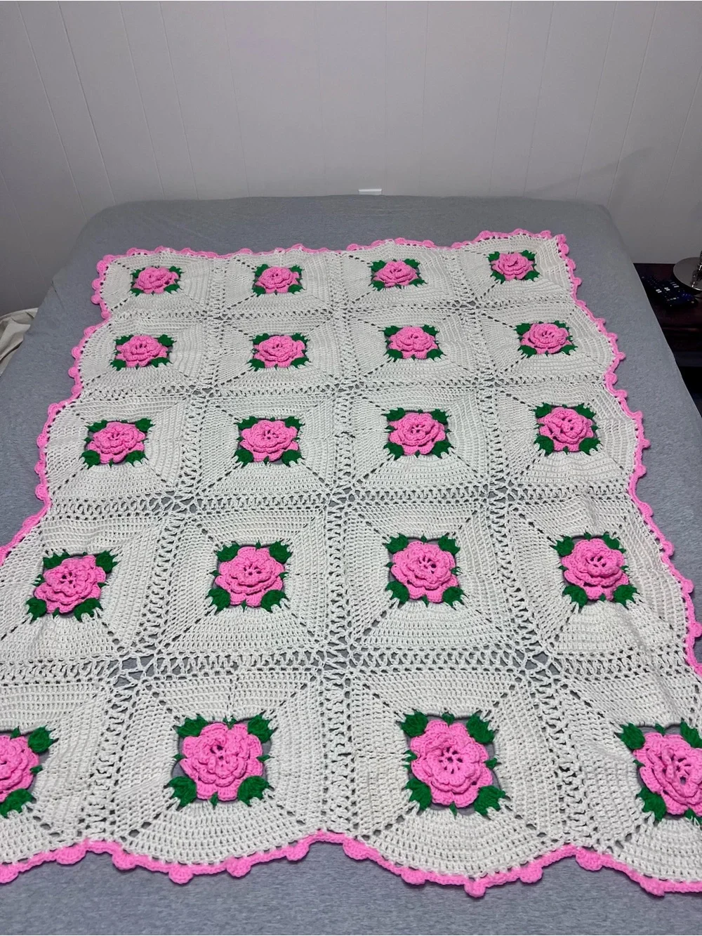 Vintage Handmade Crochet 3D Rose Afghan Blanket – Pink Floral Granny Square